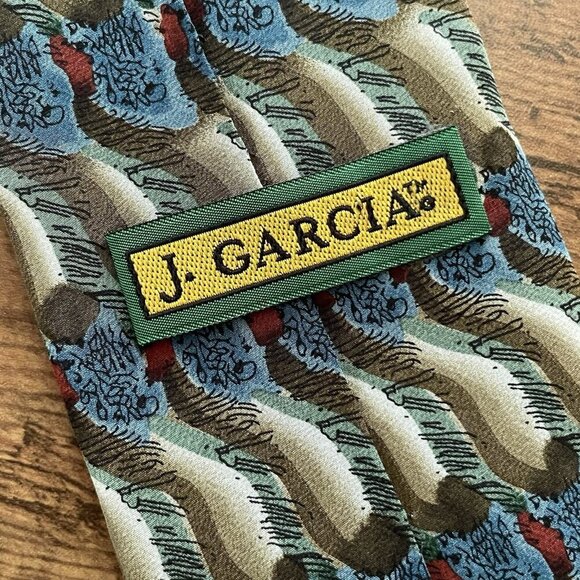 J Jerry Garcia Silk Tie Blue Gray Red Fine Etching Collection 15 Vintage Necktie - Picture 5 of 7